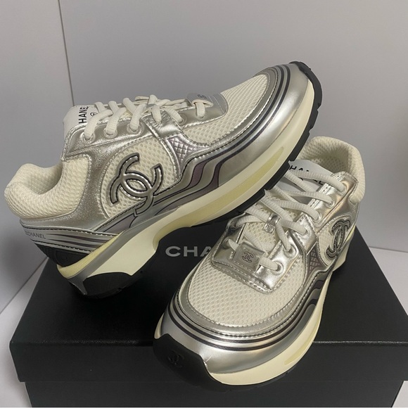 Chanel Women's Cream and Silver Sneakers - Picture 1 of 7